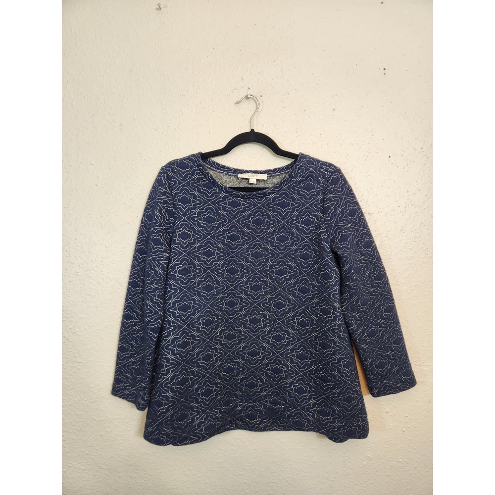 Ann Taylor LOFT Womens Medium Navy Blue Gold Metallic Geometric Jacquard Sweater